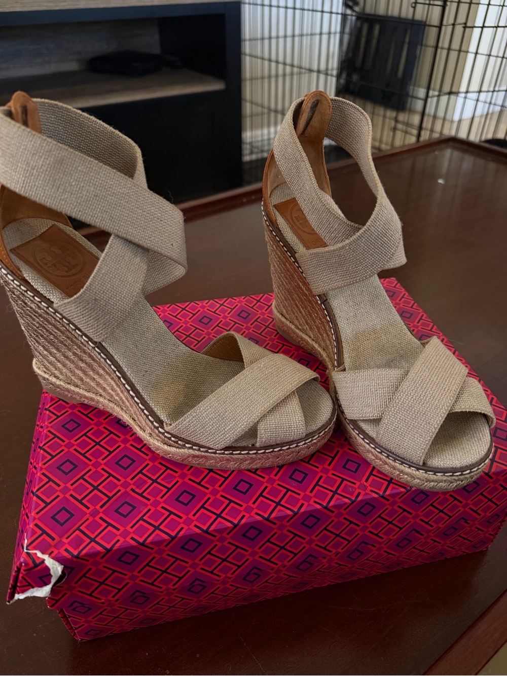 Tory Burch Beige Canvas Wedge Sandals